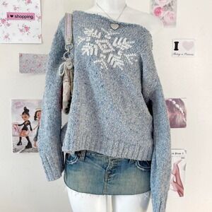 Vintage Y2K Blue & White Snowflake Nordic Off The Shoulder Sweater